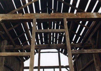 Detail of Corn Crib during restoration, 2002, Photograph by Constance Kheel